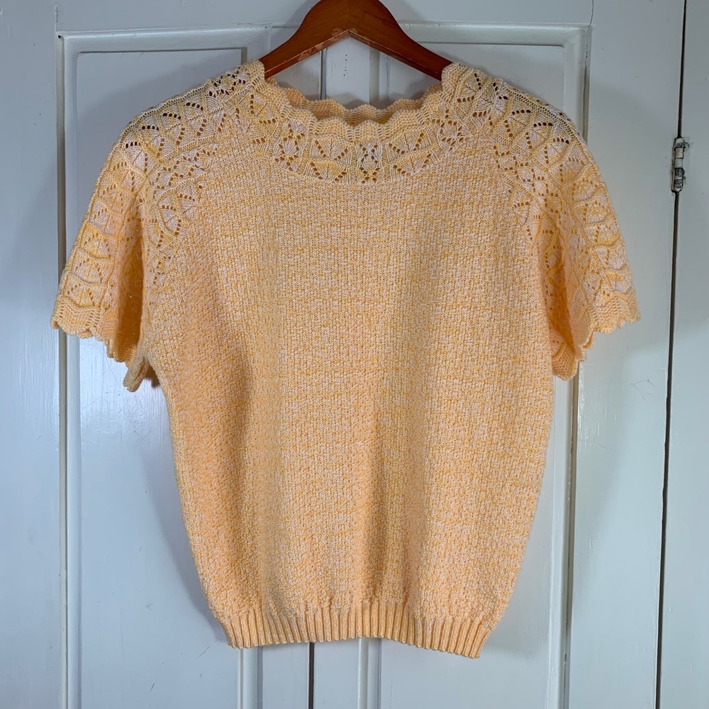 Haband Vintage Womens Orange Marled Pointelle‎ Knit Short Sleeve Sweater Medium